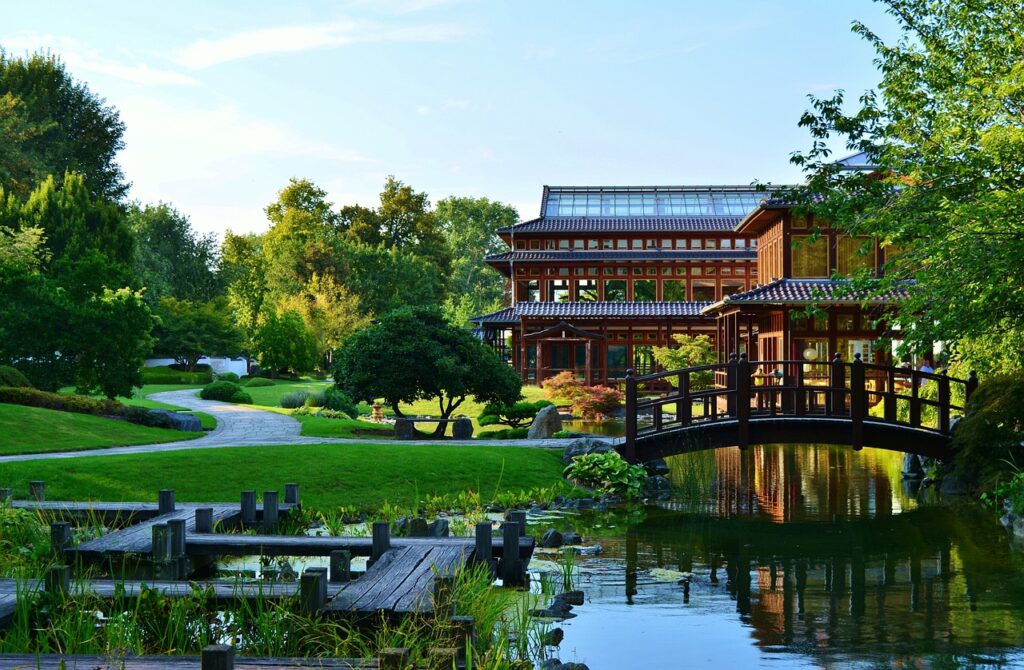 Relaxing Corner of a Japanese Garden with Seating Area