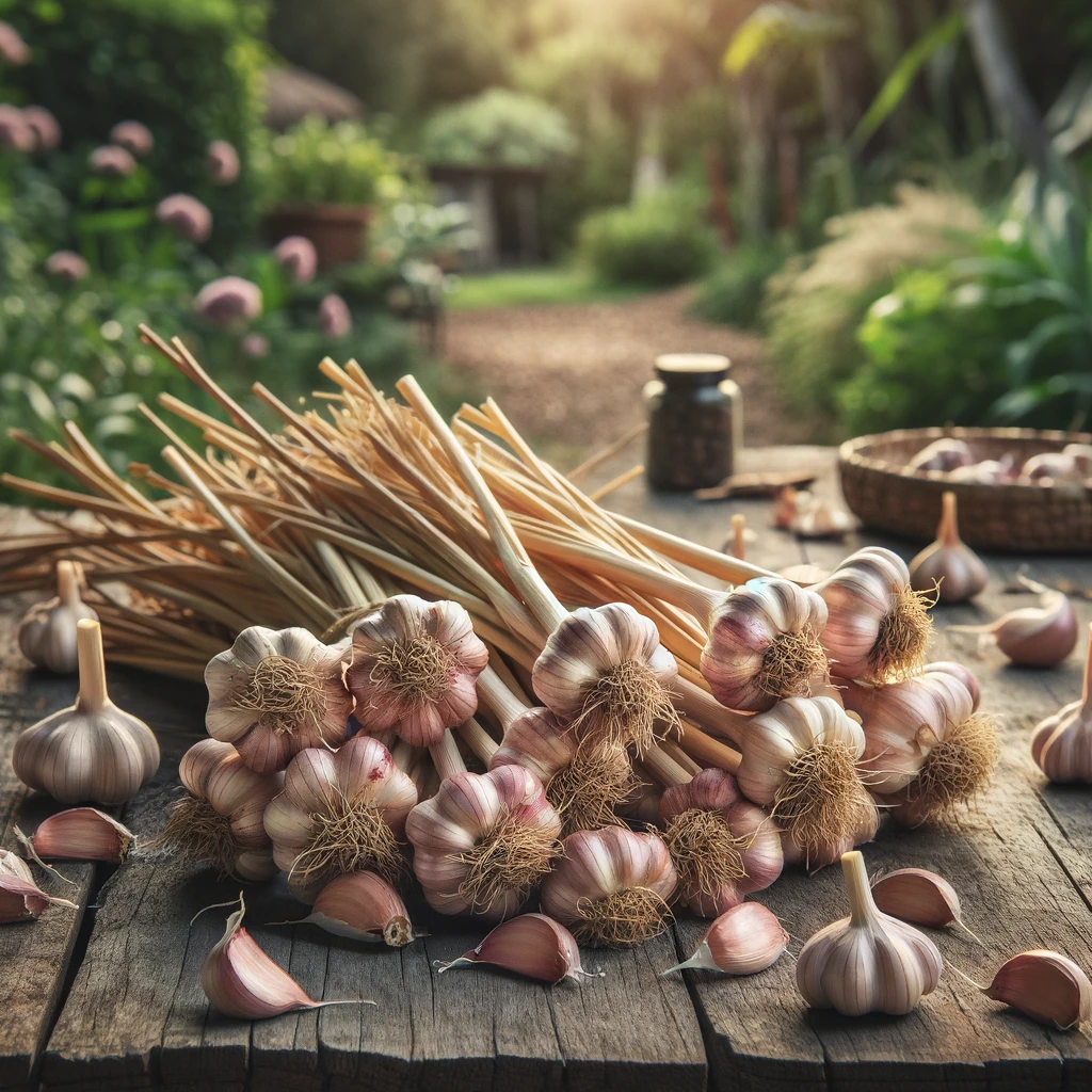 Gardener planting garlic cloves in rich soil, showing hands placing cloves in rows in a sunny backyard garden