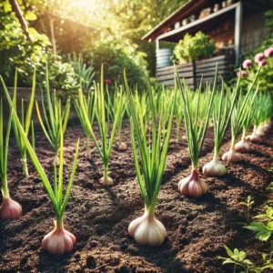 Freshly harvested garlic bulbs with stems, drying on a rustic wooden table in an outdoor garden.